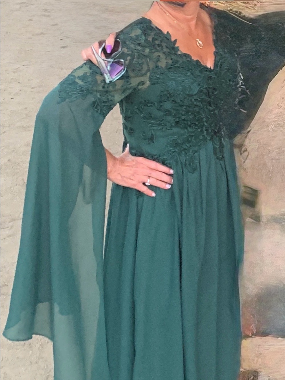 JJs House Emerald Green Long Sleeve Lace Applique Evening Gown